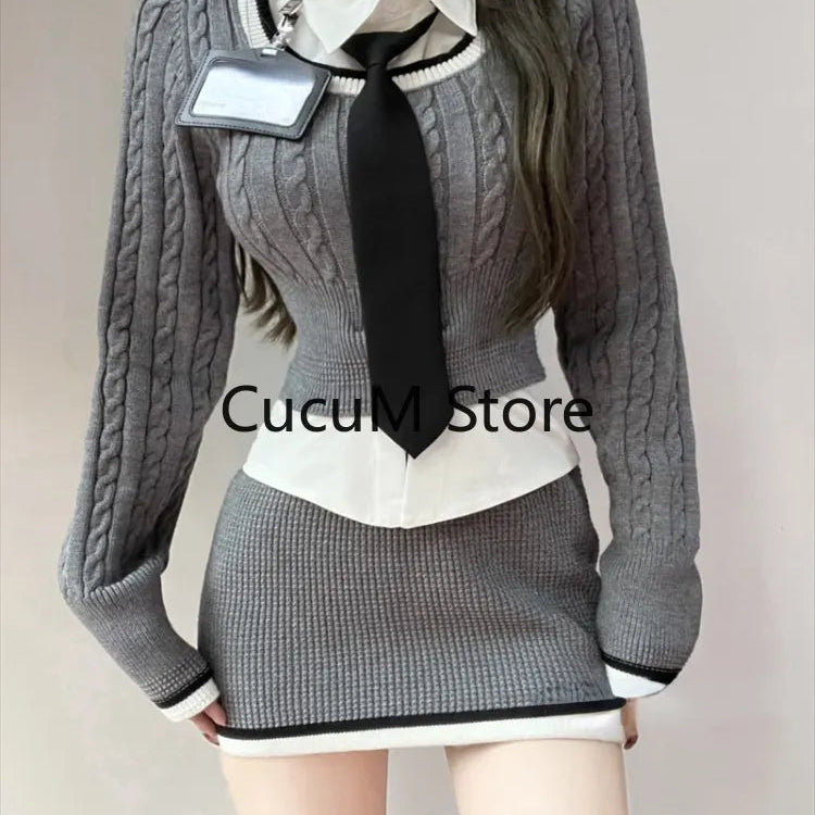 Knitted Sweater 3 Piece Set Skirt Woman White Shirt + Y2k Crop Tops + Slim Bodycon Fashion Mini Skirt Girls Korean Suit 2024 New
