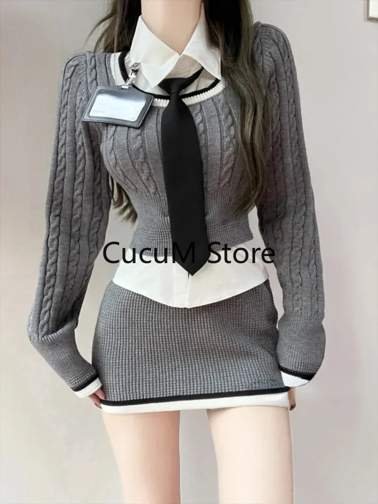 Knitted Sweater 3 Piece Set Skirt Woman White Shirt + Y2k Crop Tops + Slim Bodycon Fashion Mini Skirt Girls Korean Suit 2024 New