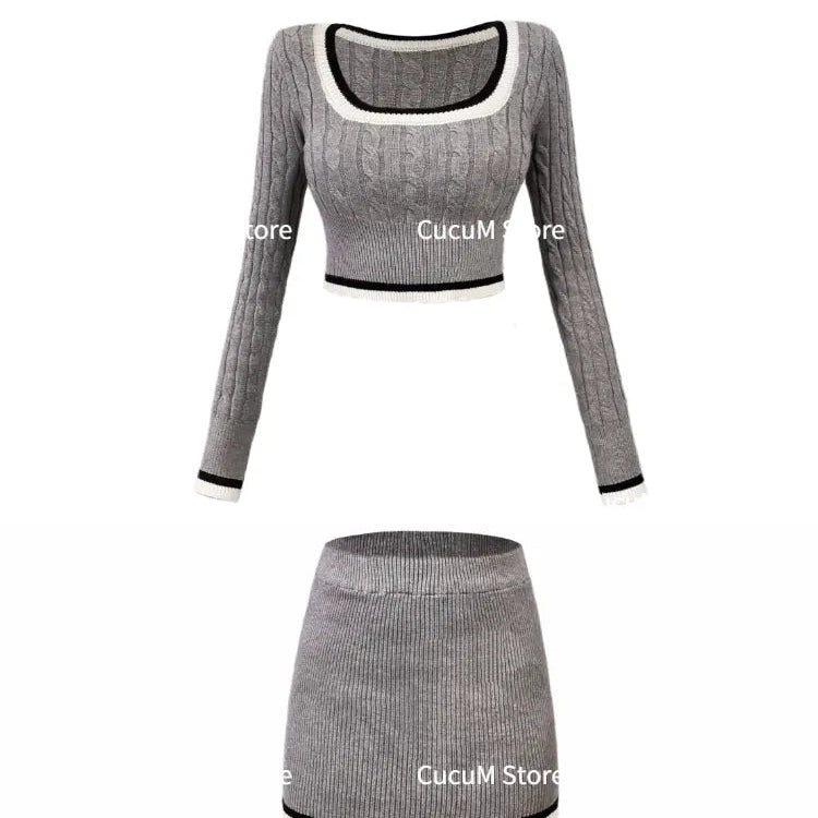 Knitted Sweater 3 Piece Set Skirt Woman White Shirt + Y2k Crop Tops + Slim Bodycon Fashion Mini Skirt Girls Korean Suit 2024 New Shirt and Skirt