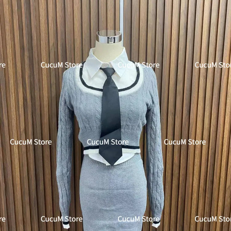 Knitted Sweater 3 Piece Set Skirt Woman White Shirt + Y2k Crop Tops + Slim Bodycon Fashion Mini Skirt Girls Korean Suit 2024 New