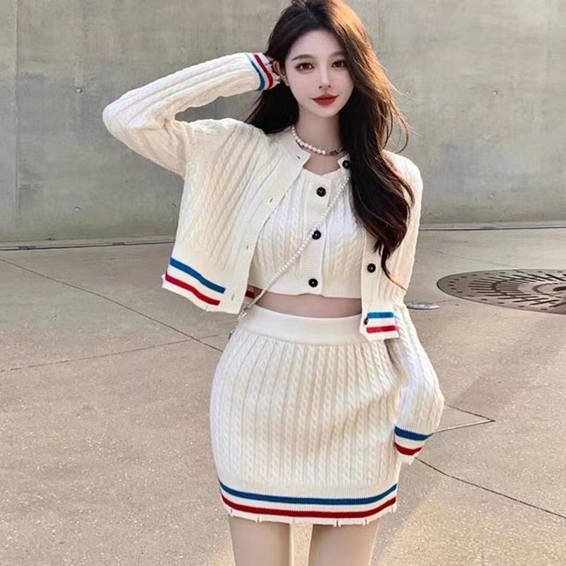 Knitted Sweater 3 Piece Sets Women Elegant Casual Sexy Sweater Skirt Set Female Korean Fashion Cardigan Kawaii Skirt Suit Woman AMAIO