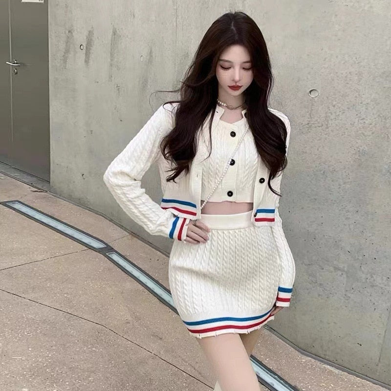 Knitted Sweater 3 Piece Sets Women Elegant Casual Sexy Sweater Skirt Set Female Korean Fashion Cardigan Kawaii Skirt Suit Woman