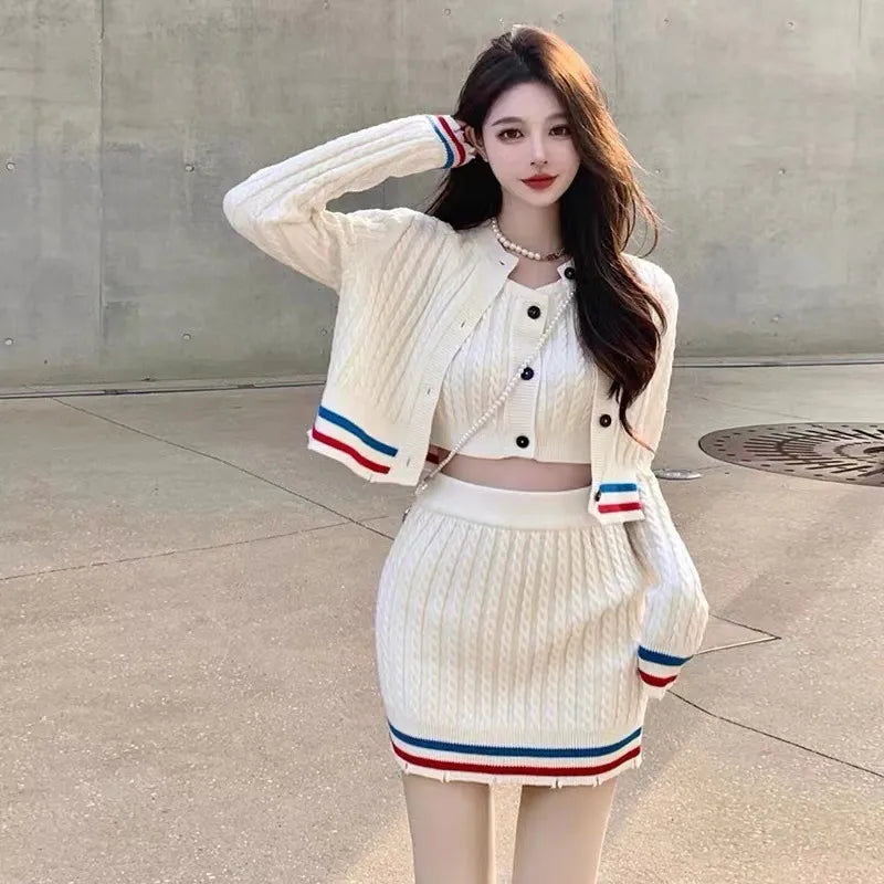 Knitted Sweater 3 Piece Sets Women Elegant Casual Sexy Sweater Skirt Set Female Korean Fashion Cardigan Kawaii Skirt Suit Woman 3 pcs Sets