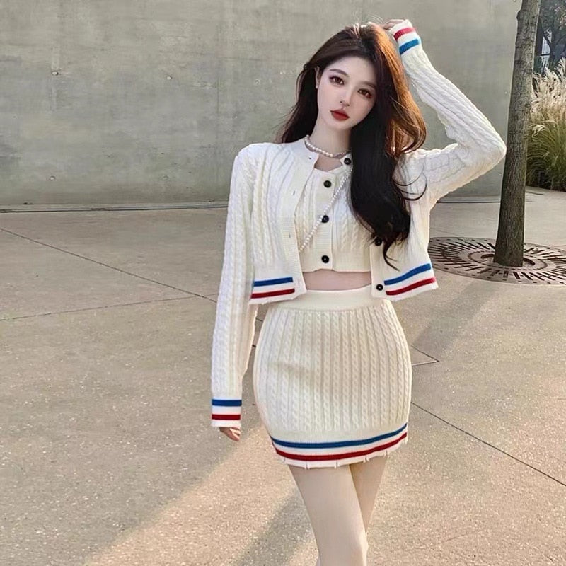 Knitted Sweater 3 Piece Sets Women Elegant Casual Sexy Sweater Skirt Set Female Korean Fashion Cardigan Kawaii Skirt Suit Woman