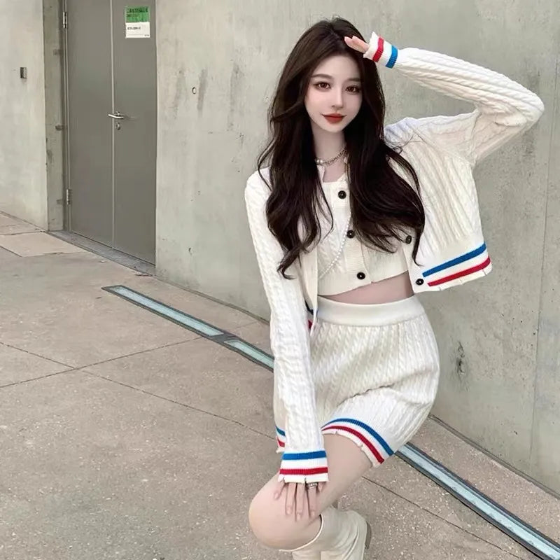 Knitted Sweater 3 Piece Sets Women Elegant Casual Sexy Sweater Skirt Set Female Korean Fashion Cardigan Kawaii Skirt Suit Woman