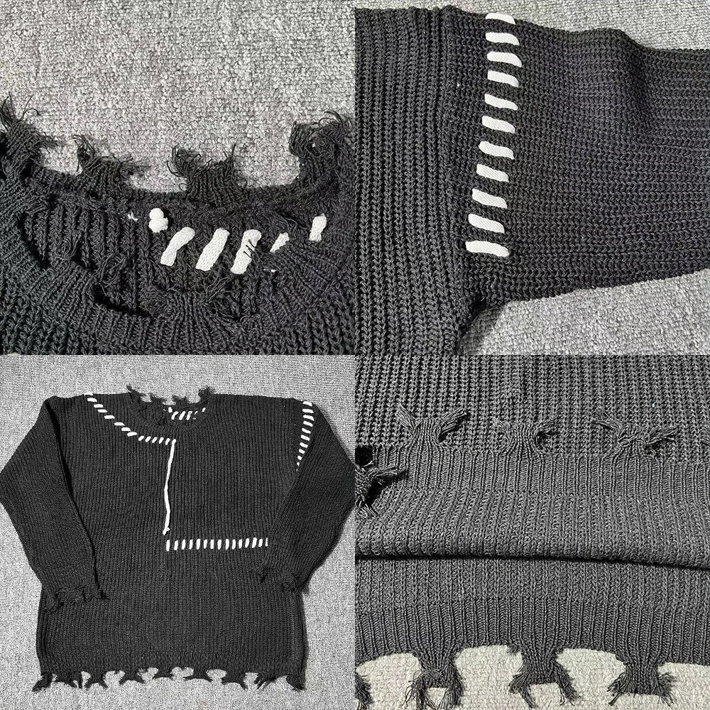 Knitted Sweaters Autumn Winter Ripped O-neck Causal Loose High Street Knitted Sweater Men Pullovers Male Clothes