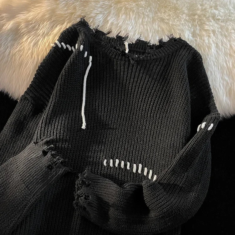 Knitted Sweaters Autumn Winter Ripped O-neck Causal Loose High Street Knitted Sweater Men Pullovers Male Clothes black