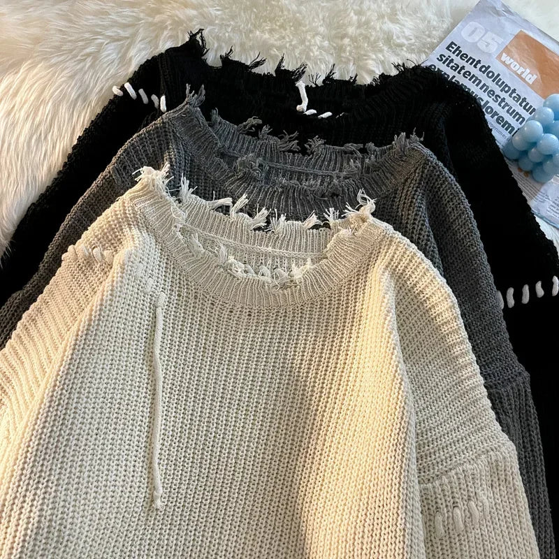 Knitted Sweaters Autumn Winter Ripped O-neck Causal Loose High Street Knitted Sweater Men Pullovers Male Clothes