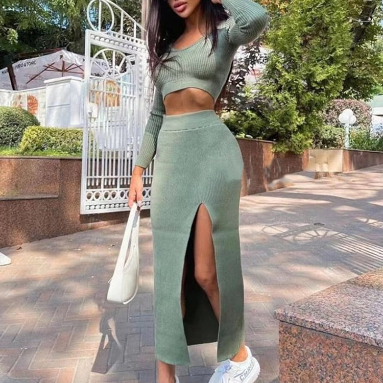 Knitted Winter Women Sexy Sweater Skirt Suit Y2K Fashion Long Sleeve Crop Tops And Long Split Skirt Dress Two Piece Sets Light Green