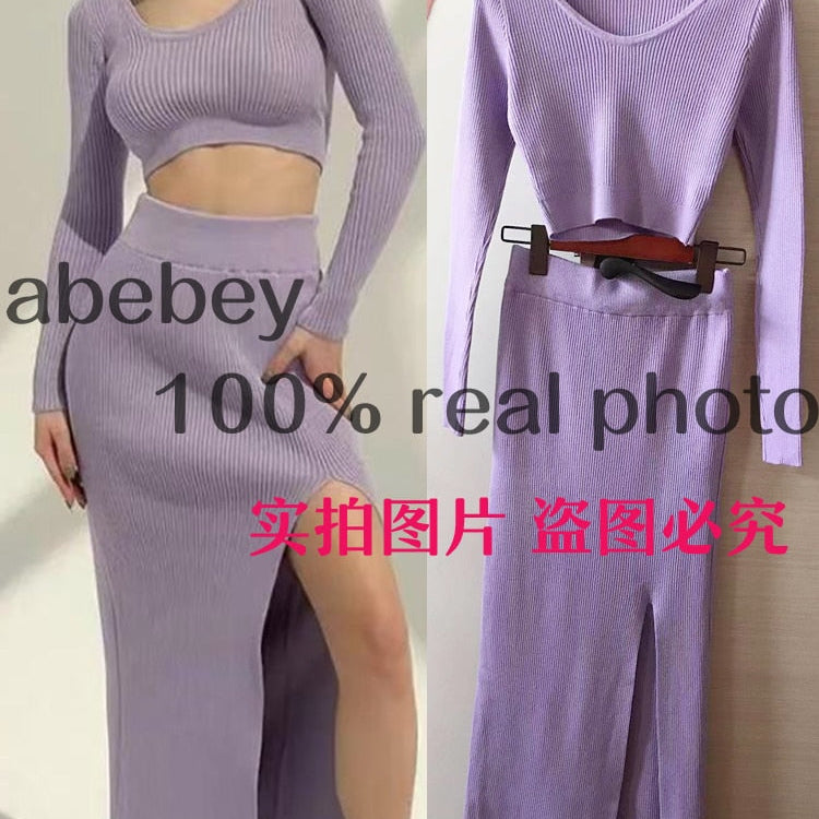 Knitted Winter Women Sexy Sweater Skirt Suit Y2K Fashion Long Sleeve Crop Tops And Long Split Skirt Dress Two Piece Sets Light Purple