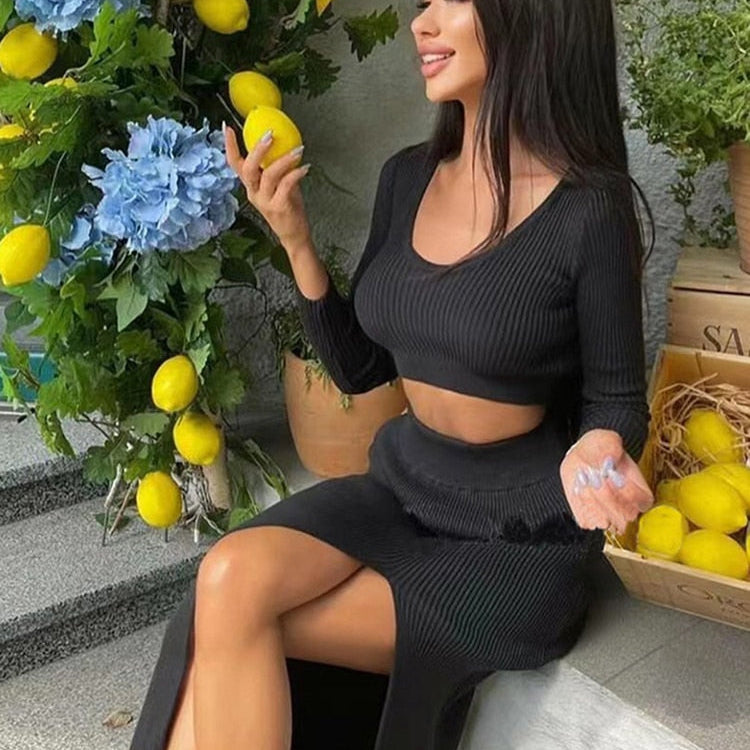 Knitted Winter Women Sexy Sweater Skirt Suit Y2K Fashion Long Sleeve Crop Tops And Long Split Skirt Dress Two Piece Sets Black