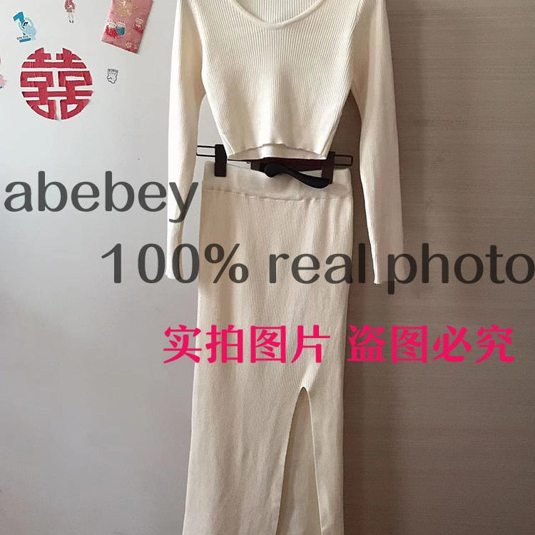 Knitted Winter Women Sexy Sweater Skirt Suit Y2K Fashion Long Sleeve Crop Tops And Long Split Skirt Dress Two Piece Sets qianxingse