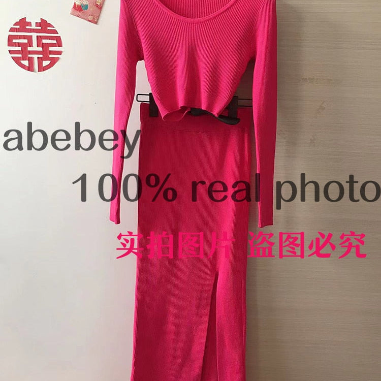 Knitted Winter Women Sexy Sweater Skirt Suit Y2K Fashion Long Sleeve Crop Tops And Long Split Skirt Dress Two Piece Sets Rose Red