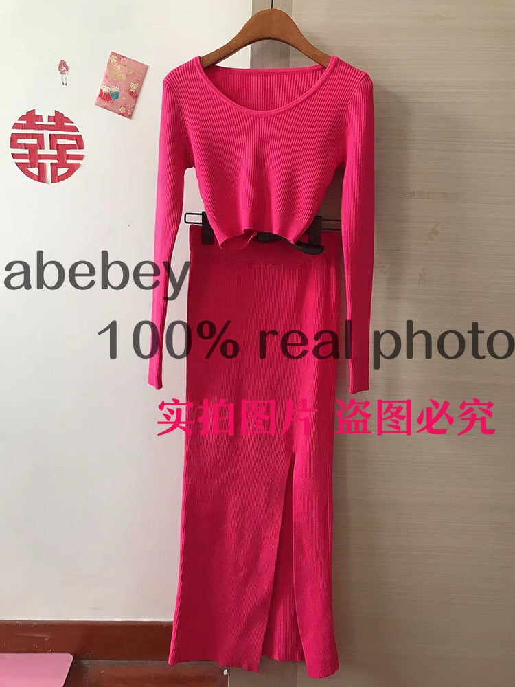 Knitted Winter Women Sexy Sweater Skirt Suit Y2K Fashion Long Sleeve Crop Tops And Long Split Skirt Dress Two Piece Sets Rose Red