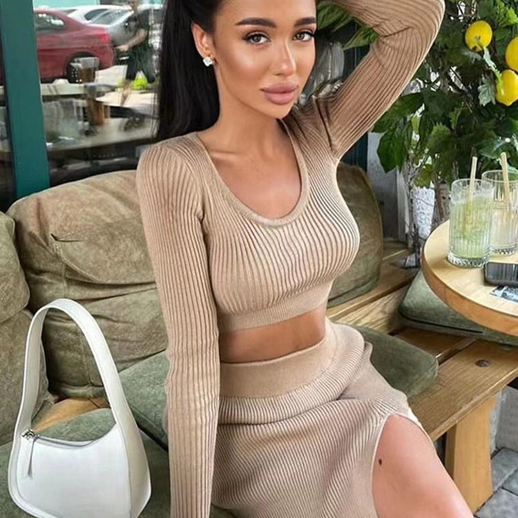 Knitted Winter Women Sexy Sweater Skirt Suit Y2K Fashion Long Sleeve Crop Tops And Long Split Skirt Dress Two Piece Sets AMAIO