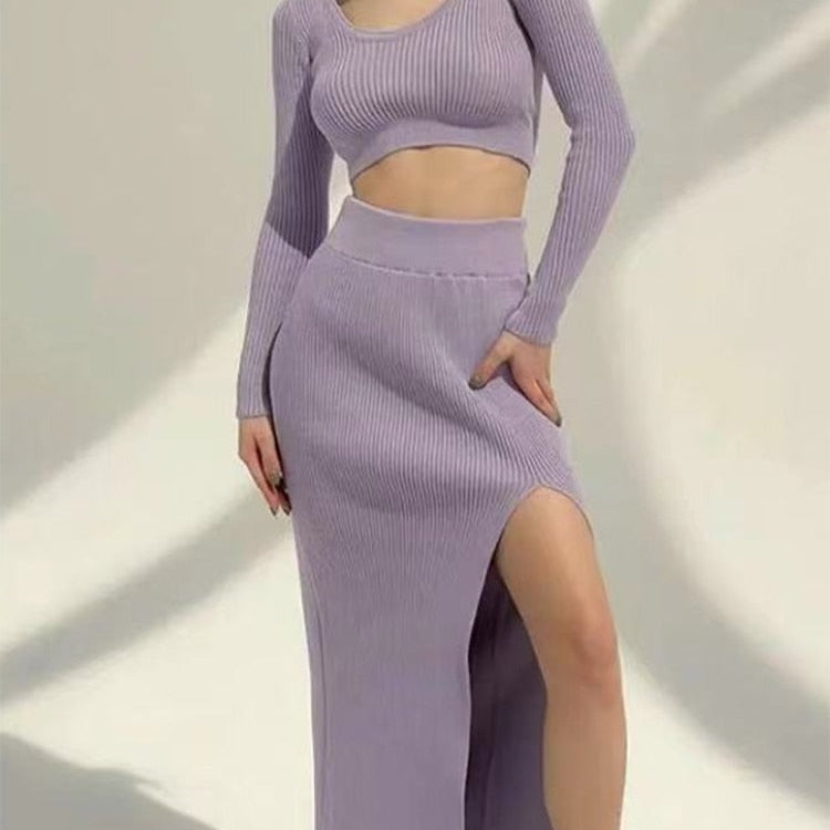 Knitted Winter Women Sexy Sweater Skirt Suit Y2K Fashion Long Sleeve Crop Tops And Long Split Skirt Dress Two Piece Sets