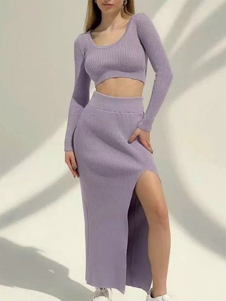 Knitted Winter Women Sexy Sweater Skirt Suit Y2K Fashion Long Sleeve Crop Tops And Long Split Skirt Dress Two Piece Sets