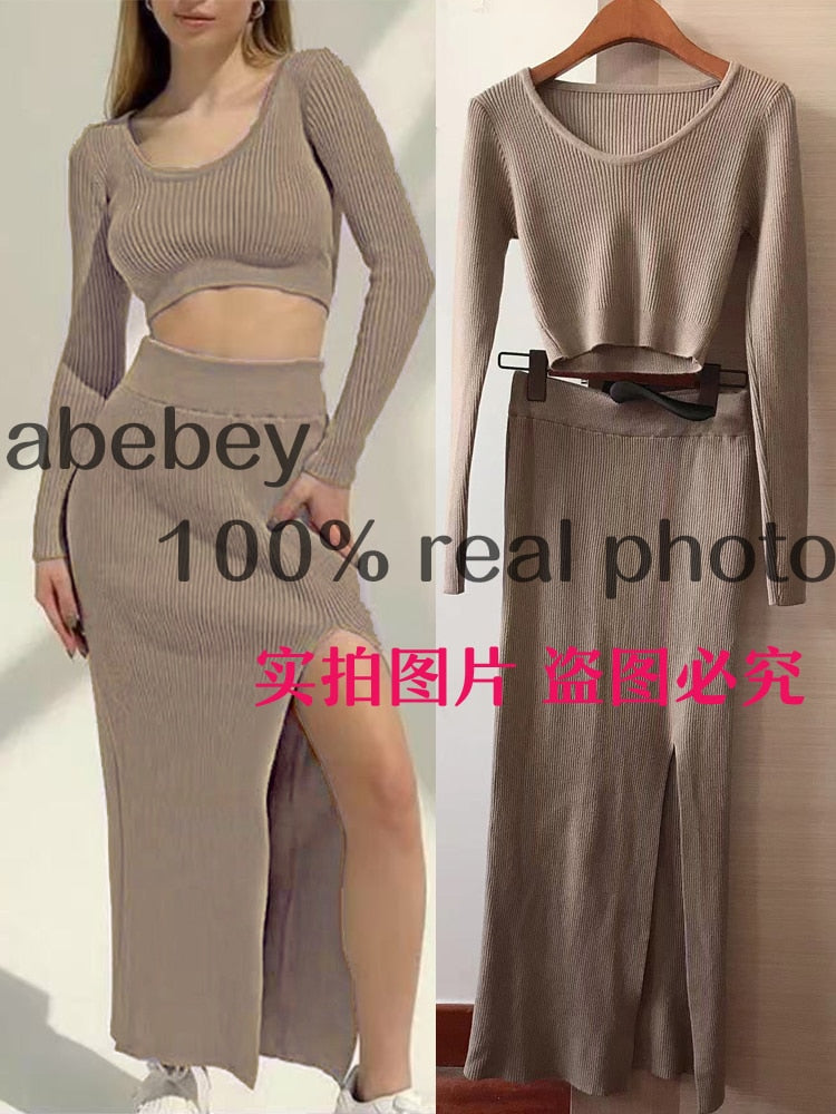 Knitted Winter Women Sexy Sweater Skirt Suit Y2K Fashion Long Sleeve Crop Tops And Long Split Skirt Dress Two Piece Sets tuose