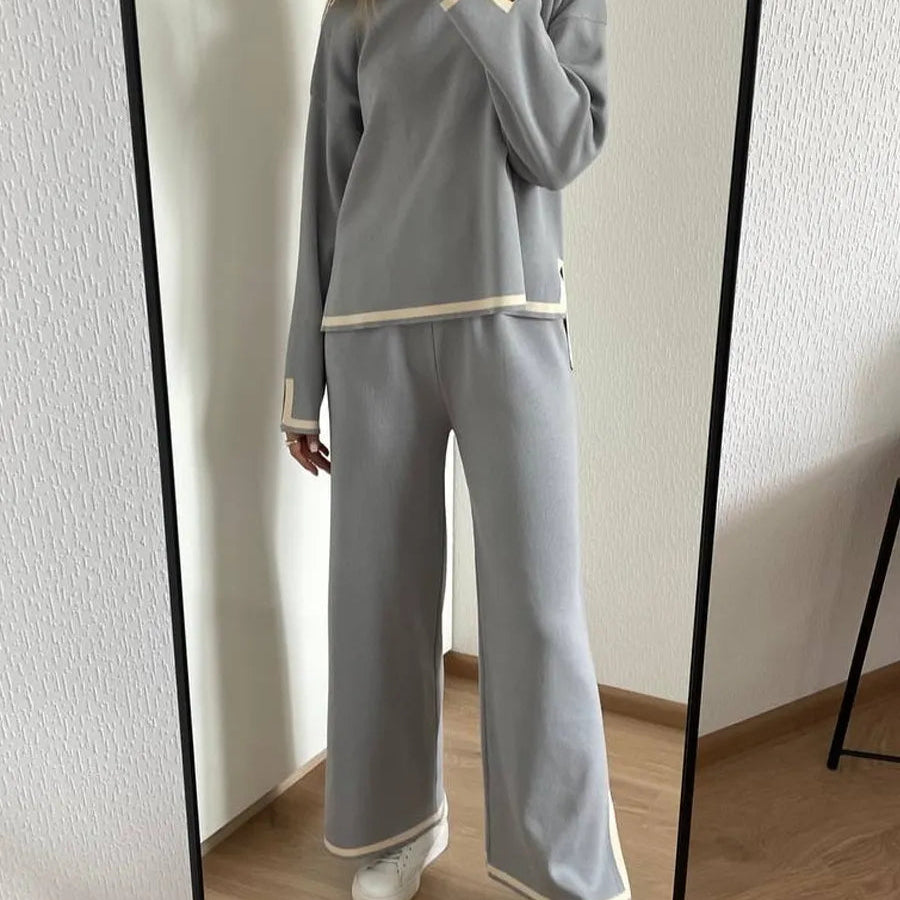 Knitted Women's Trousers Suit Two Piece Set Green Winter Loose Long Sleeve Knitwear Flare Pants Sets Female Casual Suits