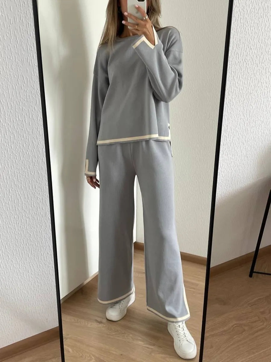 Knitted Women's Trousers Suit Two Piece Set Green Winter Loose Long Sleeve Knitwear Flare Pants Sets Female Casual Suits