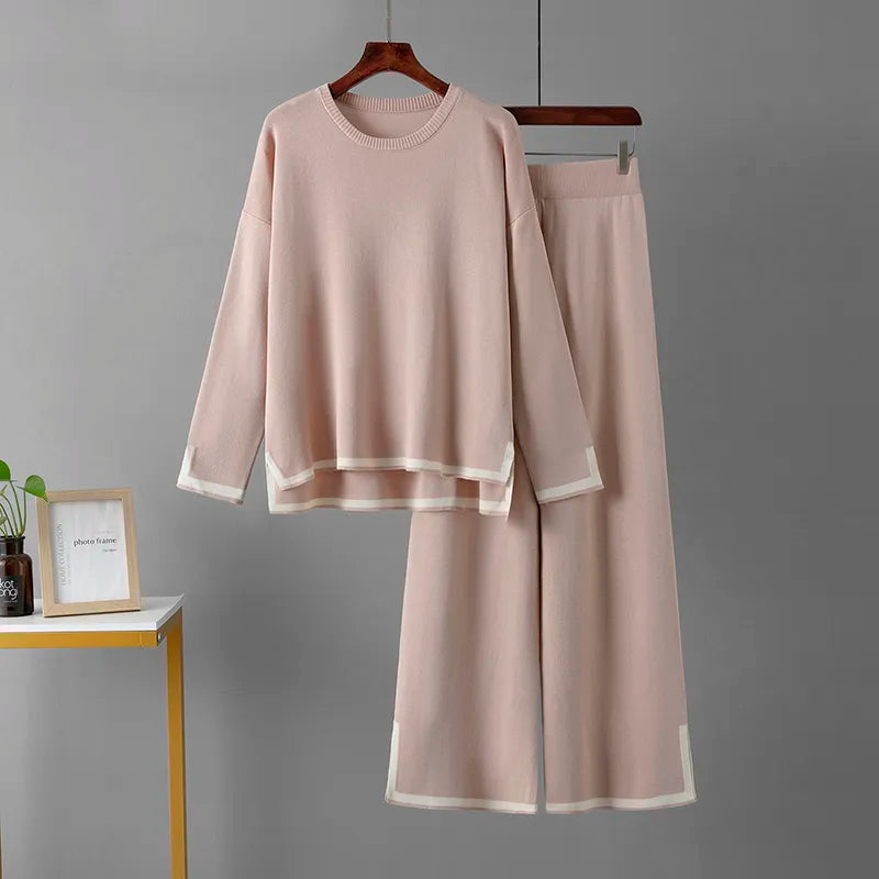 Knitted Women's Trousers Suit Two Piece Set Green Winter Loose Long Sleeve Knitwear Flare Pants Sets Female Casual Suits Lotus root color One Size