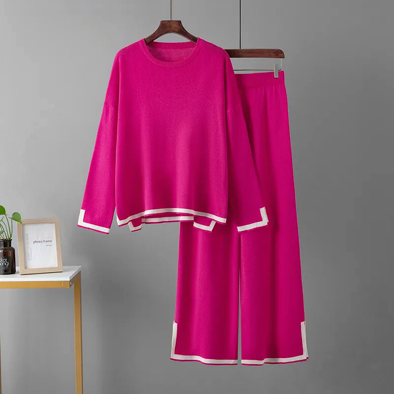 Knitted Women's Trousers Suit Two Piece Set Green Winter Loose Long Sleeve Knitwear Flare Pants Sets Female Casual Suits Fuchsia One Size