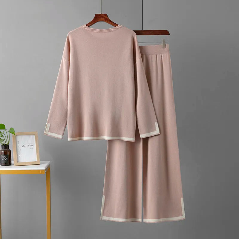 Knitted Women's Trousers Suit Two Piece Set Green Winter Loose Long Sleeve Knitwear Flare Pants Sets Female Casual Suits