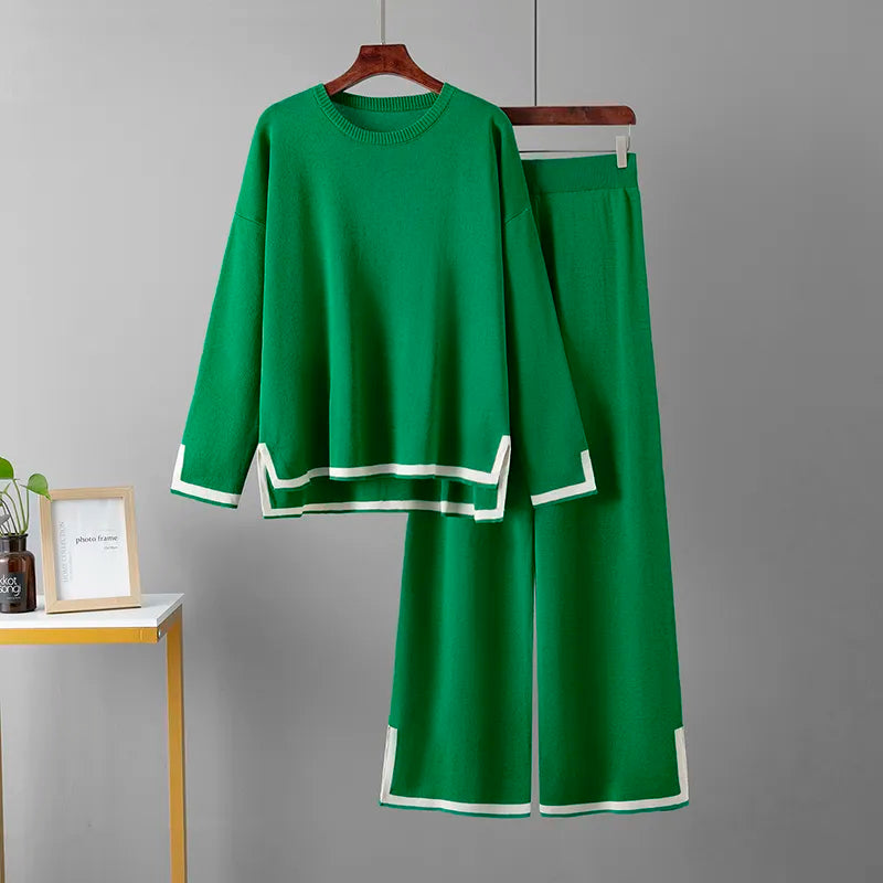 Knitted Women's Trousers Suit Two Piece Set Green Winter Loose Long Sleeve Knitwear Flare Pants Sets Female Casual Suits Green One Size