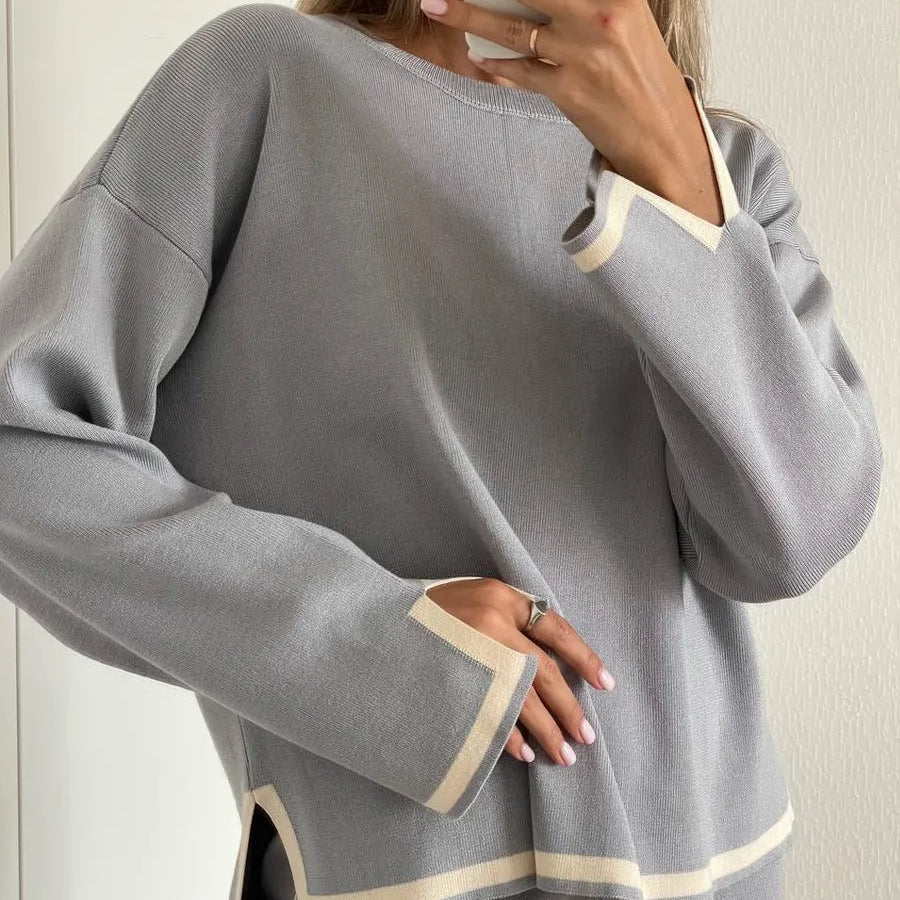 Knitted Women's Trousers Suit Two Piece Set Green Winter Loose Long Sleeve Knitwear Flare Pants Sets Female Casual Suits