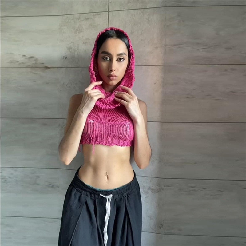 Knitted Y2k Hooded Crop Top Women Summer Sleeveless Off Shoulder T Shirt Top 2024 Hooded Tee Street Wear Fashion White Yuqung