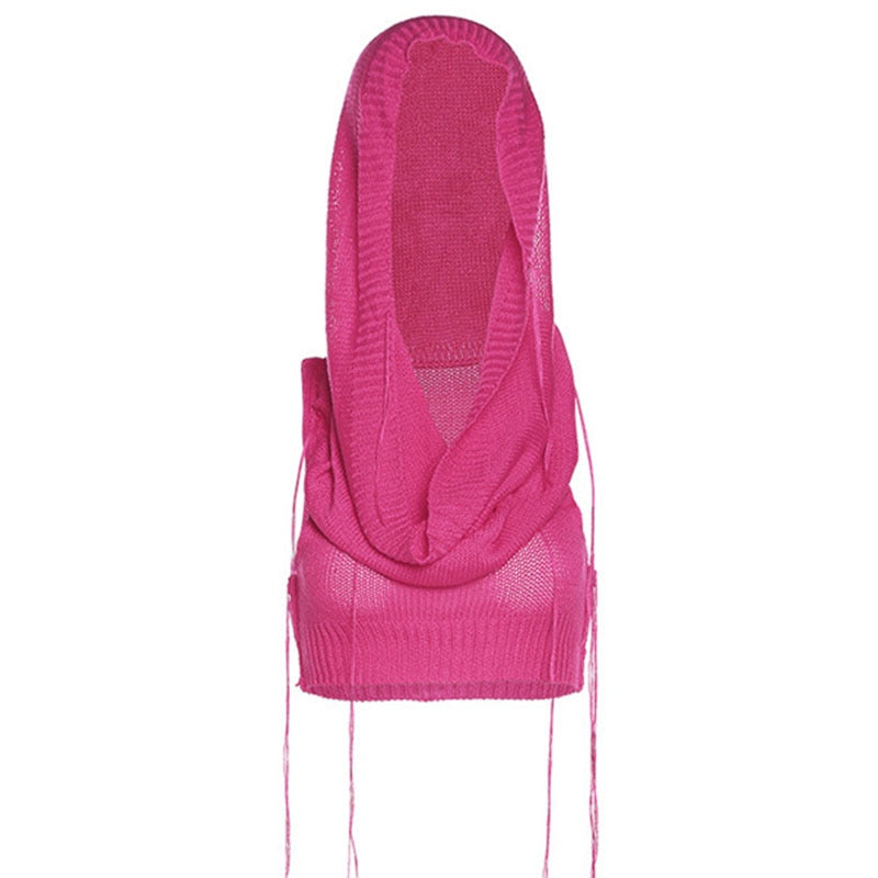 Knitted Y2k Hooded Crop Top Women Summer Sleeveless Off Shoulder T Shirt Top 2024 Hooded Tee Street Wear Fashion White Yuqung rose red