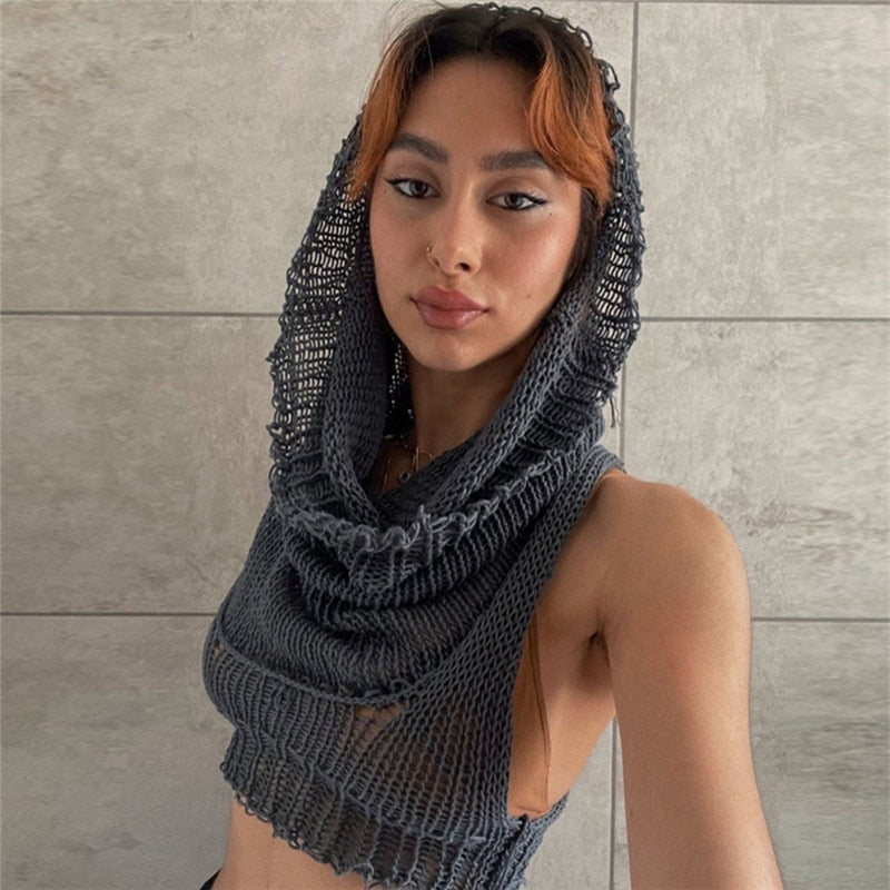 Knitted Y2k Hooded Crop Top Women Summer Sleeveless Off Shoulder T Shirt Top 2024 Hooded Tee Street Wear Fashion White Yuqung