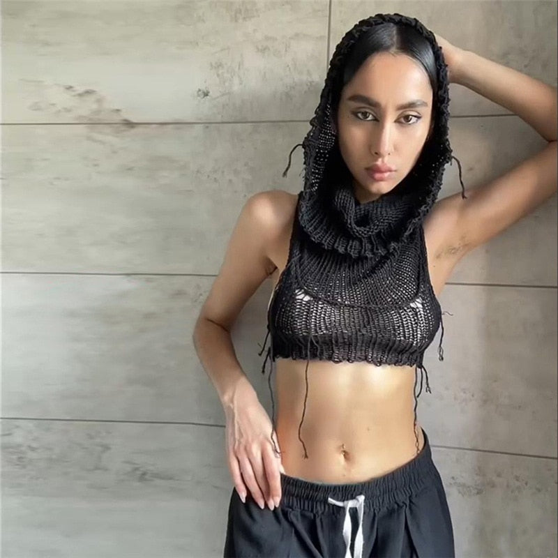 Knitted Y2k Hooded Crop Top Women Summer Sleeveless Off Shoulder T Shirt Top 2024 Hooded Tee Street Wear Fashion White Yuqung