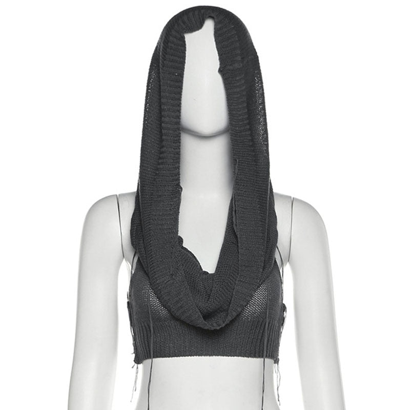 Knitted Y2k Hooded Crop Top Women Summer Sleeveless Off Shoulder T Shirt Top 2024 Hooded Tee Street Wear Fashion White Yuqung Black