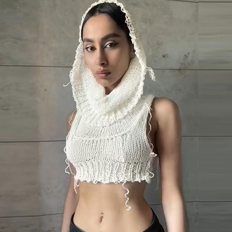 Knitted Y2k Hooded Crop Top Women Summer Sleeveless Off Shoulder T Shirt Top 2024 Hooded Tee Street Wear Fashion White Yuqung AMAIO