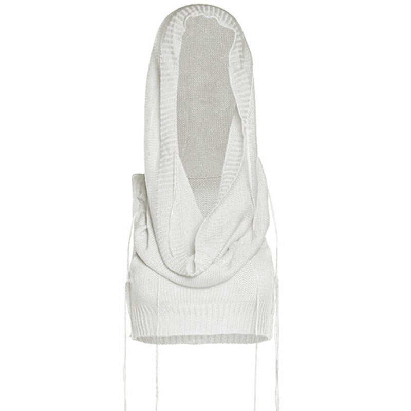 Knitted Y2k Hooded Crop Top Women Summer Sleeveless Off Shoulder T Shirt Top 2024 Hooded Tee Street Wear Fashion White Yuqung White