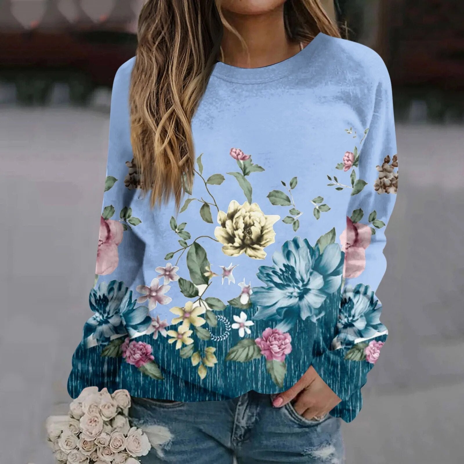 Korean Autumn Clothes Unique Round Neck Women Pullover Winter 2024 Casual Long Sleeves Women Sweatshirts Streetwear Blue