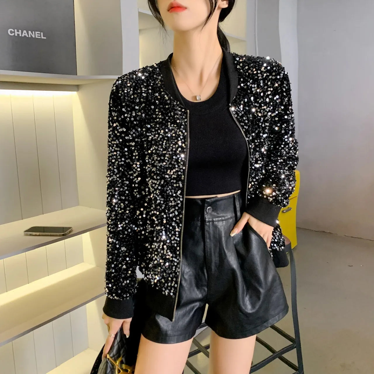 Korean Clothes Sequins Coat Sexy Zipper Shiny Jacket Bling Bling Women's Tops Long Sleeve Hand Made Bright Party Outerwear 2163 AMAIO