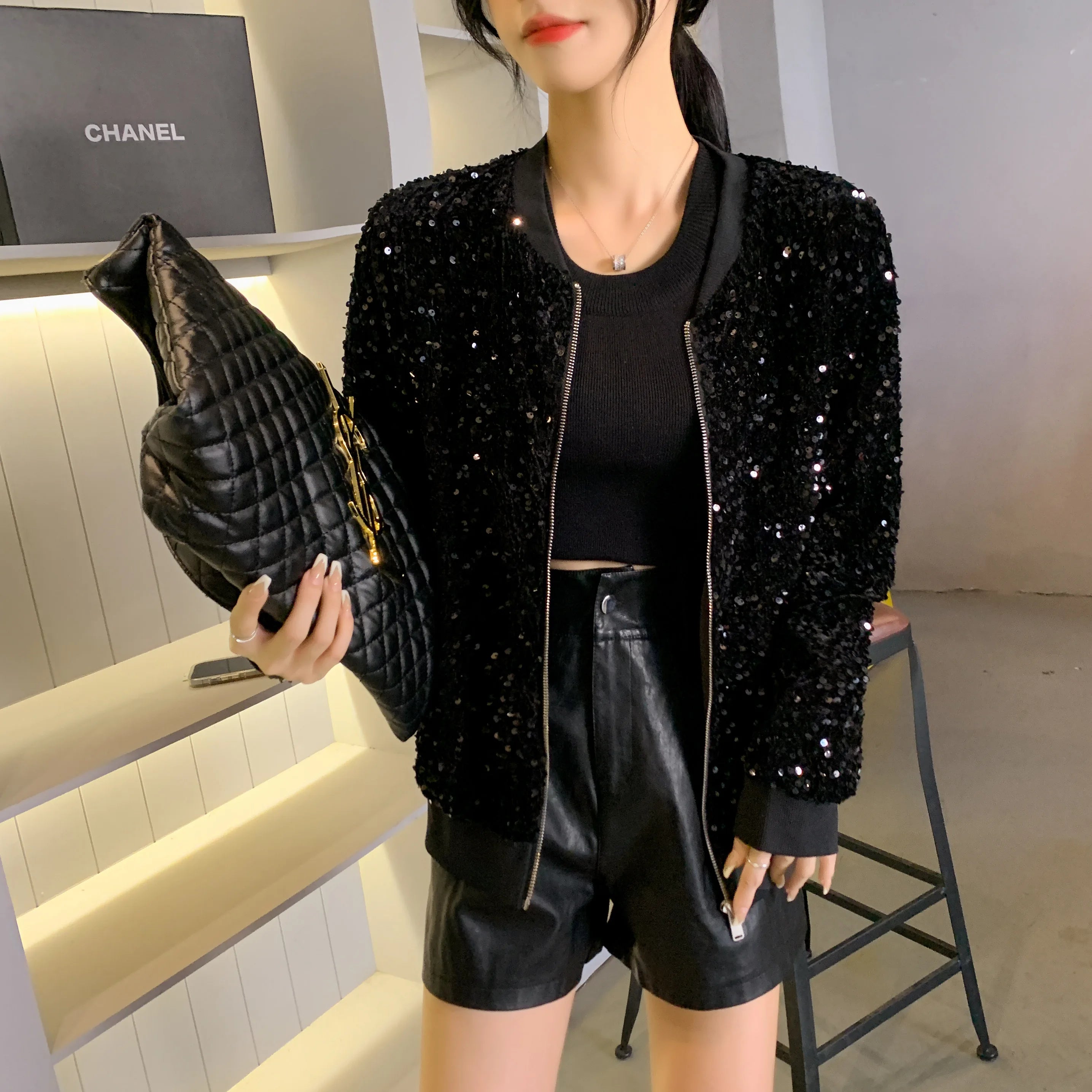 Korean Clothes Sequins Coat Sexy Zipper Shiny Jacket Bling Bling Women's Tops Long Sleeve Hand Made Bright Party Outerwear 2163 Black One Size