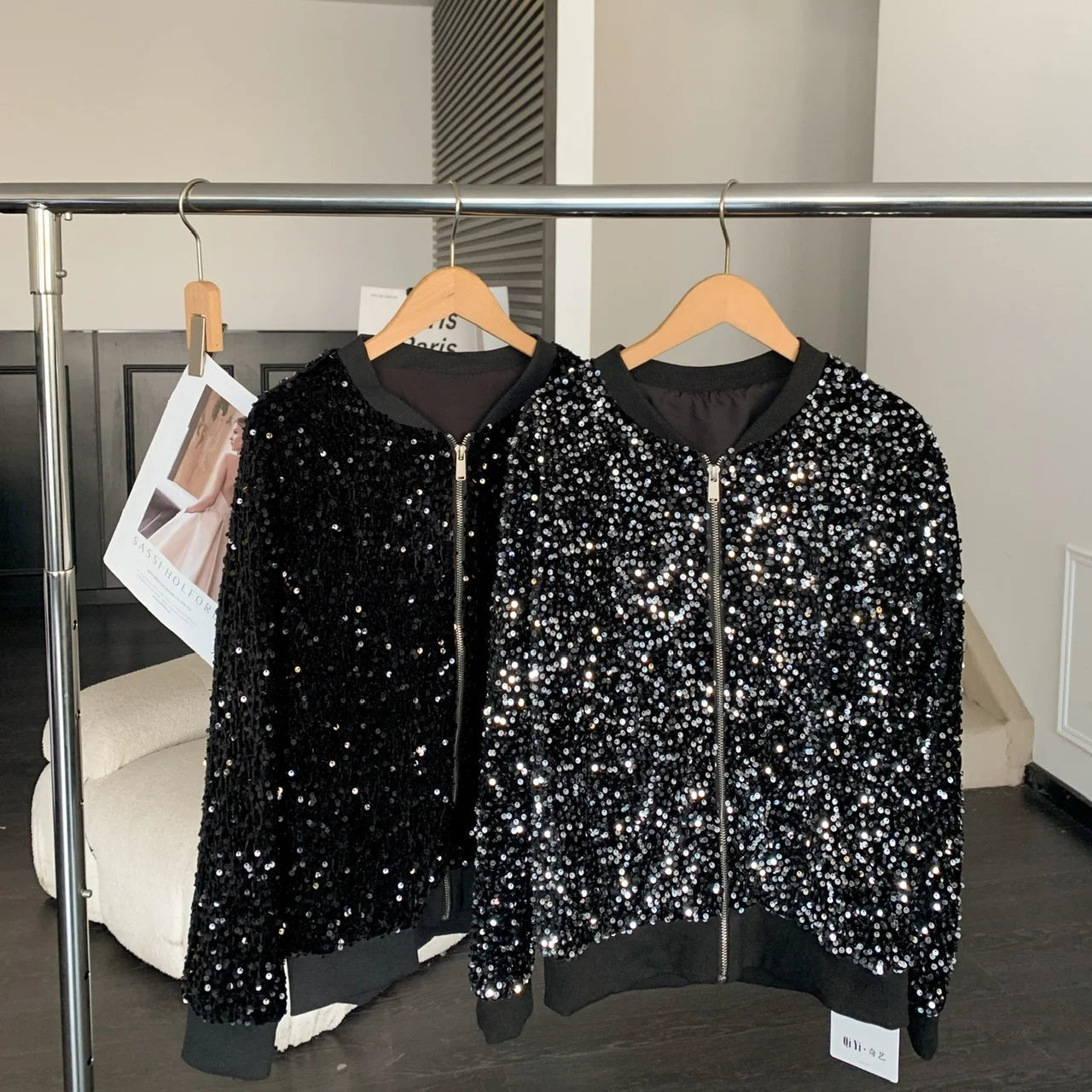 Korean Clothes Sequins Coat Sexy Zipper Shiny Jacket Bling Bling Women's Tops Long Sleeve Hand Made Bright Party Outerwear 2163