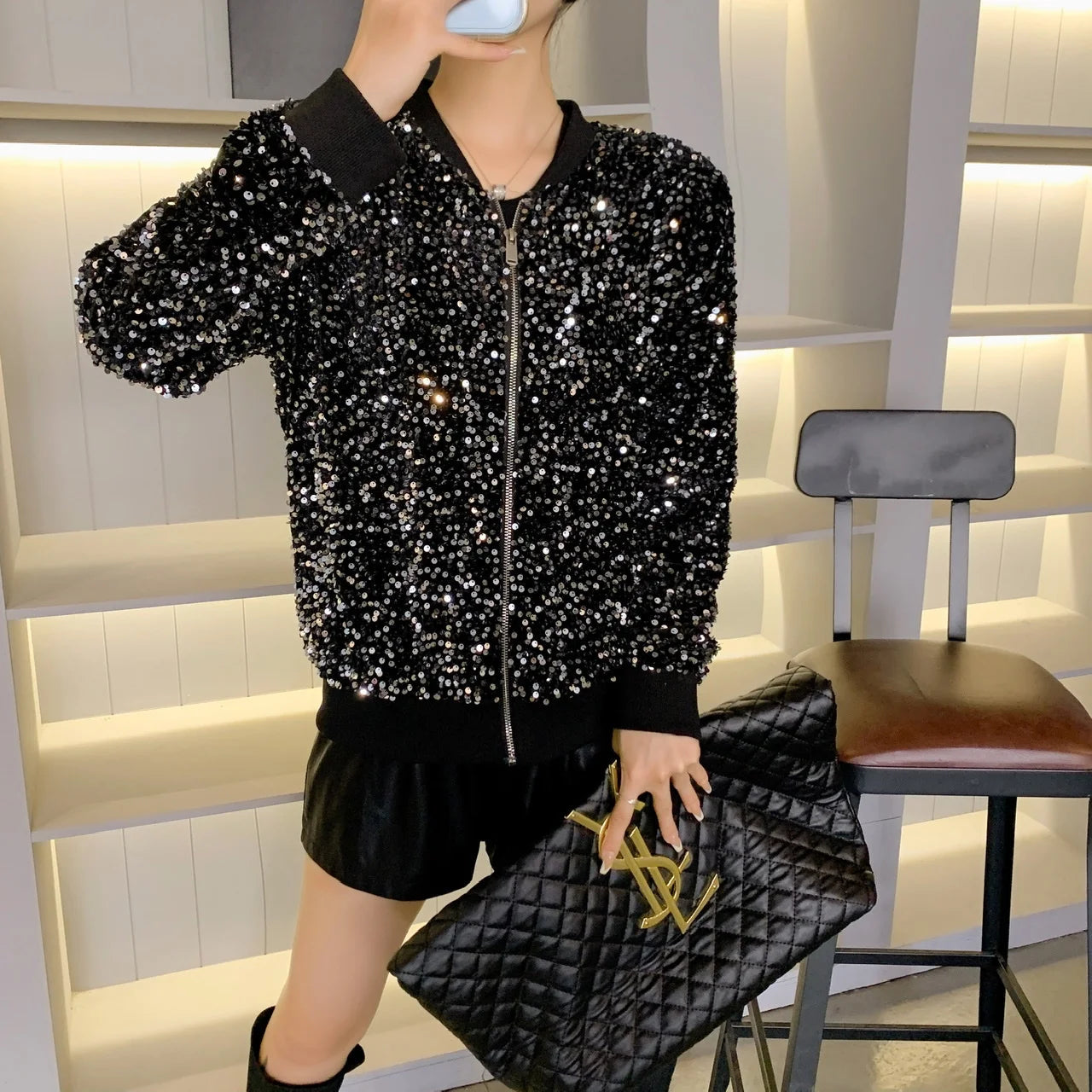 Korean Clothes Sequins Coat Sexy Zipper Shiny Jacket Bling Bling Women's Tops Long Sleeve Hand Made Bright Party Outerwear 2163