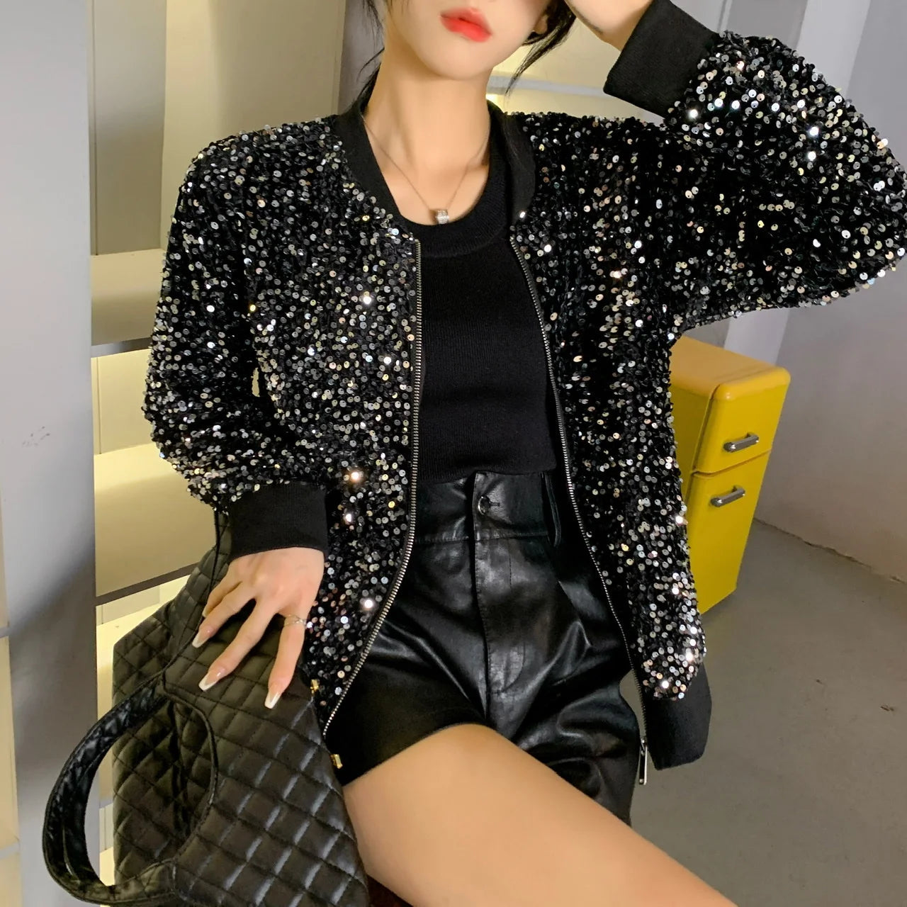 Korean Clothes Sequins Coat Sexy Zipper Shiny Jacket Bling Bling Women's Tops Long Sleeve Hand Made Bright Party Outerwear 2163