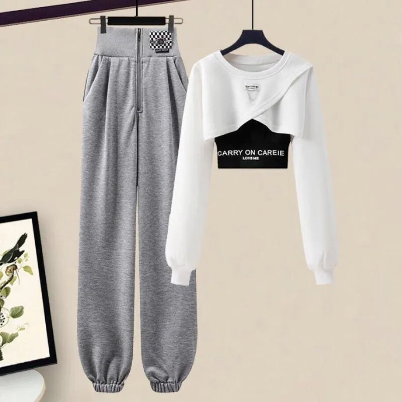 Korean Elegant Sportswear Suit Women's Spring Autumn Fashion Short Sweater+Suspenders+Pants Three Piece Female Tracksuit Set