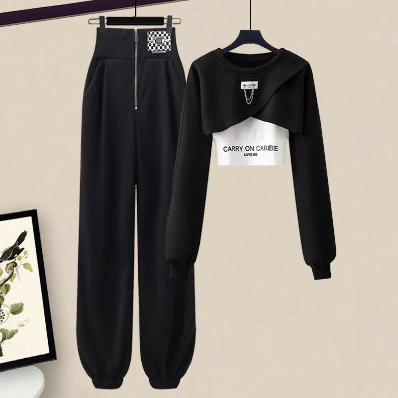 Korean Elegant Sportswear Suit Women's Spring Autumn Fashion Short Sweater+Suspenders+Pants Three Piece Female Tracksuit Set