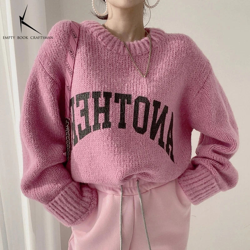 Korean Fashion Autumn and Winter Candy Color Sweater Pullovers for Women Loose Oversized Sweater Letter Knitted Pullovers O Neck Pink One Size