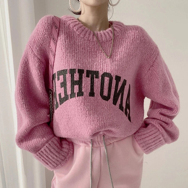 Korean Fashion Autumn and Winter Candy Color Sweater Pullovers for Women Loose Oversized Sweater Letter Knitted Pullovers O Neck