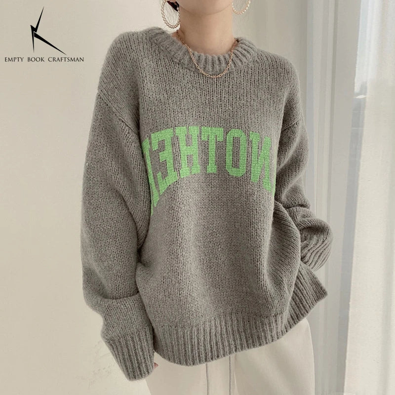 Korean Fashion Autumn and Winter Candy Color Sweater Pullovers for Women Loose Oversized Sweater Letter Knitted Pullovers O Neck Gray One Size