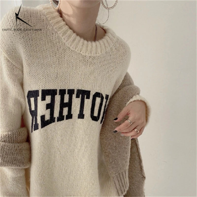 Korean Fashion Autumn and Winter Candy Color Sweater Pullovers for Women Loose Oversized Sweater Letter Knitted Pullovers O Neck Beige One Size
