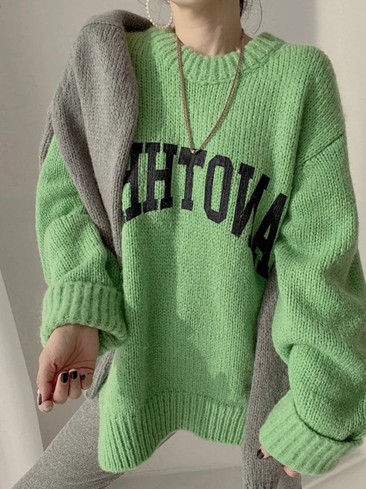 Korean Fashion Autumn and Winter Candy Color Sweater Pullovers for Women Loose Oversized Sweater Letter Knitted Pullovers O Neck Green One Size