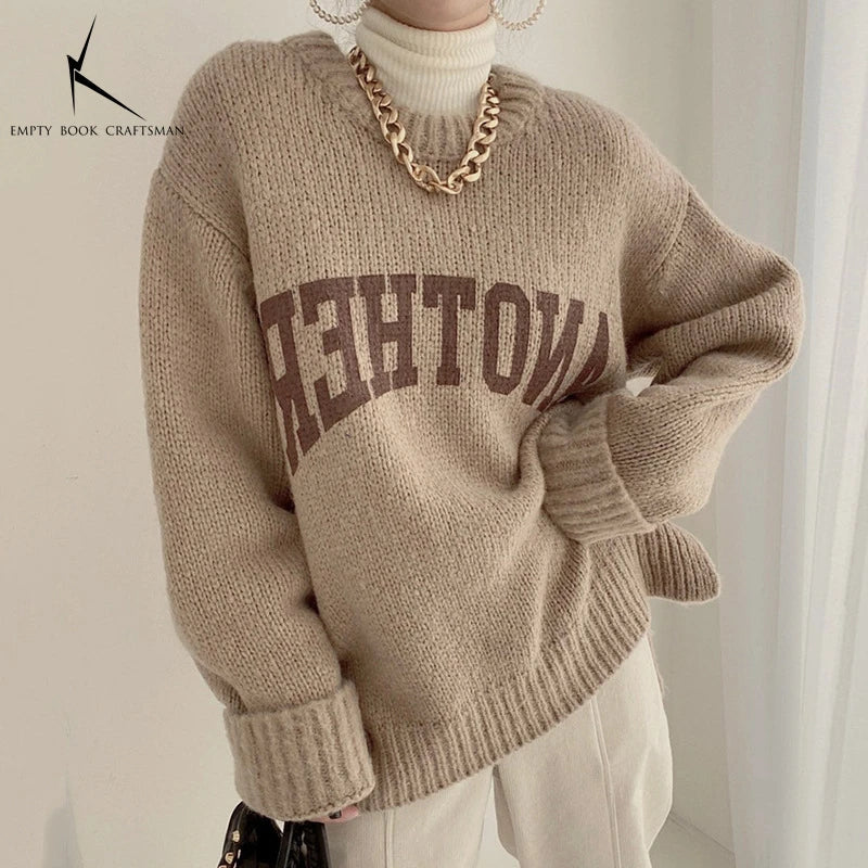 Korean Fashion Autumn and Winter Candy Color Sweater Pullovers for Women Loose Oversized Sweater Letter Knitted Pullovers O Neck Khaki One Size